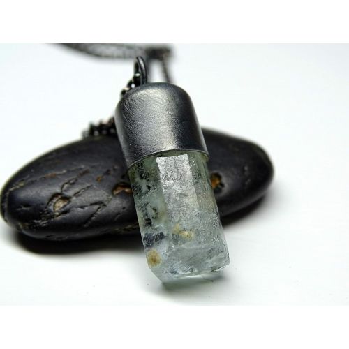  CrazyAss Jewelry Designs big aquamarine crystal necklace black silver, men crystal necklace, unique gift for women, rough aquamarine crystal, raw crystal pendant