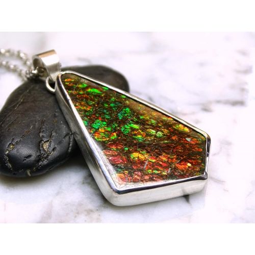  CrazyAss Jewelry Designs rare Ammolite pendant silver, green red Ammolite necklace, mens gemstone pendant gift for him, dragon skin pendant, genuine fossil pendant