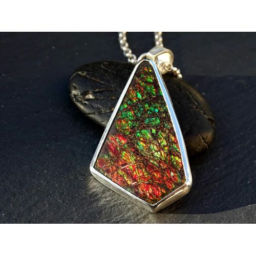  CrazyAss Jewelry Designs rare Ammolite pendant silver, green red Ammolite necklace, mens gemstone pendant gift for him, dragon skin pendant, genuine fossil pendant