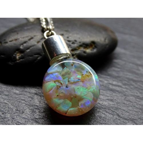  CrazyAss Jewelry Designs floating opal pendant, Australian opal pendant, glass flask opal pendant, raw opal necklace, October birthstone necklace anniversary gift