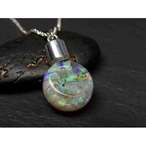  CrazyAss Jewelry Designs floating opal pendant, Australian opal pendant, glass flask opal pendant, raw opal necklace, October birthstone necklace anniversary gift