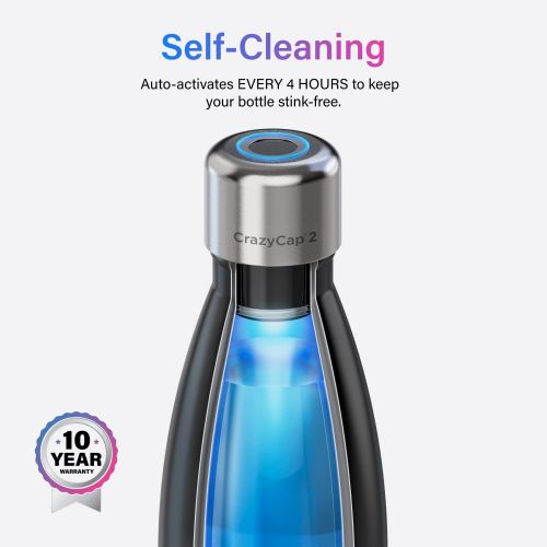  CrazyCap 2.0 UV Water Purifier & Self Cleaning Stainless Steel Insulated Water Bottle - Turns Any Water Source Into Clean Drinkable Water - Perfect for Hiking Camping Travel and Su