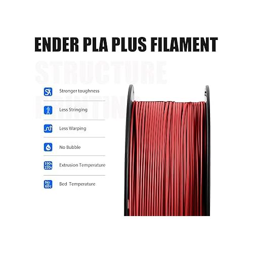  Creality PLA Filament Pro Dark Red, 1.75mm 3D Printer Filament, Ender PLA + (Plus) Printing Filament, 1kg(2.2lbs)/Spool, Dimensional Accuracy ±0.03mm. Fit Most FDM Printer