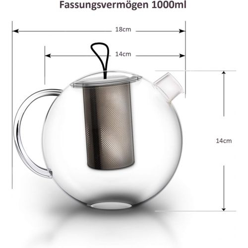  Creano Teekanne Jumbo aus Glas, 3-teilige Glasteekanne im Teekannenset mit integriertem Edelstahl-Sieb & Glas-Deckel, multifunktionale Design-Glas-Teekanne, All-in-one, 1,0l