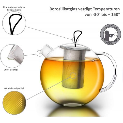  Creano Teekanne Jumbo aus Glas, 3-teilige Glasteekanne im Teekannenset mit integriertem Edelstahl-Sieb & Glas-Deckel, multifunktionale Design-Glas-Teekanne, All-in-one, 1,0l