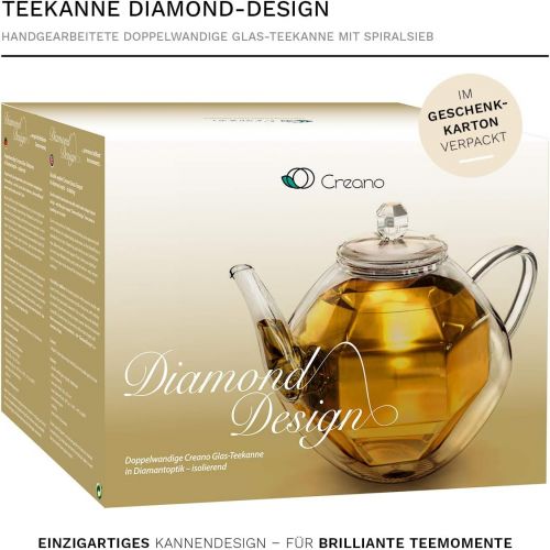  Creano Diamond-Design 800ml, doppelwandige Glas-Teekanne Spiralsieb und Thermo Effekt | 800ml