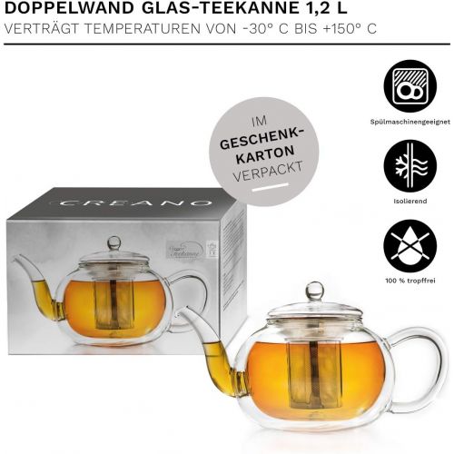  Creano Double-Walled Glass Teapot 1.2 L with Stainless Steel Filter - Drip-Free