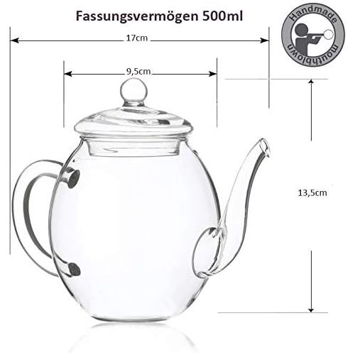  Creano Teekanne aus Glas mit Deckel fuer 500ml Tee aus Teeblumen, Teerosen und losem Tee sowie Teebeuteln | hochwertig, hitzebestandig