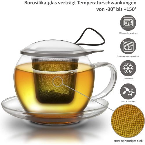  Creano Tee-Tasse aus Glas mit Henkel und integriertem Edelstahlsieb, Glas-Deckel und Untertasse im 2er-Set ideal zur Zubereitung von losen Tees, in 450ml XXL Groesse