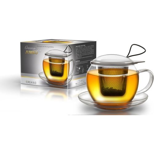  Creano Tee-Tasse aus Glas mit Henkel und integriertem Edelstahlsieb, Glas-Deckel und Untertasse im 2er-Set ideal zur Zubereitung von losen Tees, in 450ml XXL Groesse