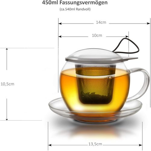  Creano Tee-Tasse aus Glas mit Henkel und integriertem Edelstahlsieb, Glas-Deckel und Untertasse im 2er-Set ideal zur Zubereitung von losen Tees, in 450ml XXL Groesse