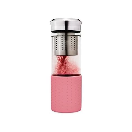  Creano TeebereiterTeamaker - Teeflasche to go aus Glas mit Sieb fuer losen Tee | 400ml (Rosa) inkl. Neoprentasche + 3x Teemischungen (Erbeer-Minze, Exotische Fruechte, Sanfte Limette