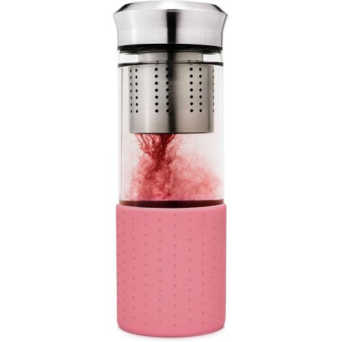  Creano TeebereiterTeamaker - Teeflasche to go aus Glas mit Sieb fuer losen Tee | 400ml (Rosa) inkl. Neoprentasche + 3x Teemischungen (Erbeer-Minze, Exotische Fruechte, Sanfte Limette