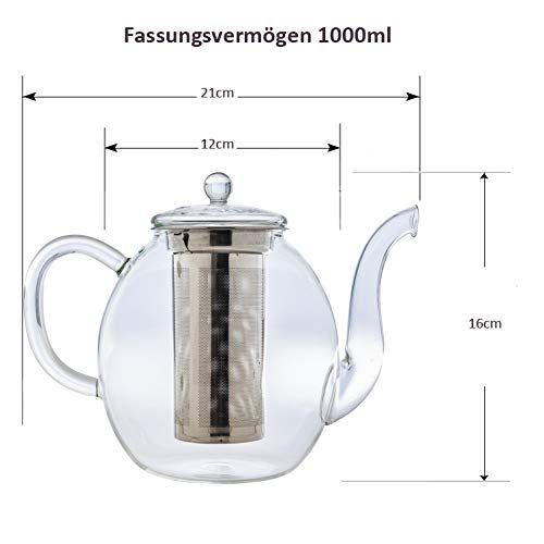  Creano Glas-Teekanne 1,0l, 3-teiliger Teebereiter mit integriertem Edelstahl-Sieb und Glas-Deckel, ideal zur Zubereitung von losen Tees, tropffrei, all-in-one