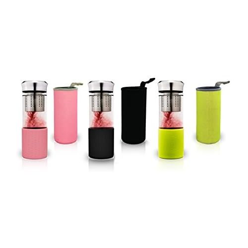  3x Creano TeebereiterTeamaker pink, schwarz, gruen mit 3x 60g Fruechte, Krauter-Tee, Teeflasche to go aus Glas mit Sieb fuer losen Tee inkl. Neoprentasche | 400ml