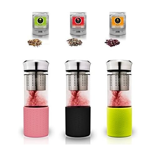  3x Creano TeebereiterTeamaker pink, schwarz, gruen mit 3x 60g Fruechte, Krauter-Tee, Teeflasche to go aus Glas mit Sieb fuer losen Tee inkl. Neoprentasche | 400ml