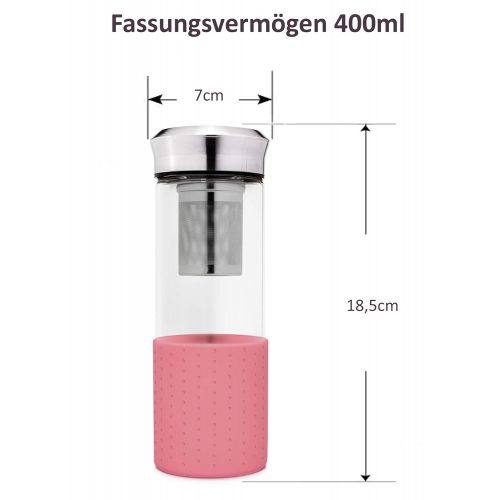  Creano TeebereiterTeamaker - Teeflasche to go aus Glas mit Sieb fuer losen Tee inkl. Neoprentasche | 400ml (Rosa)