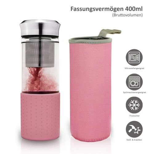  Creano TeebereiterTeamaker - Teeflasche to go aus Glas mit Sieb fuer losen Tee inkl. Neoprentasche | 400ml (Rosa)