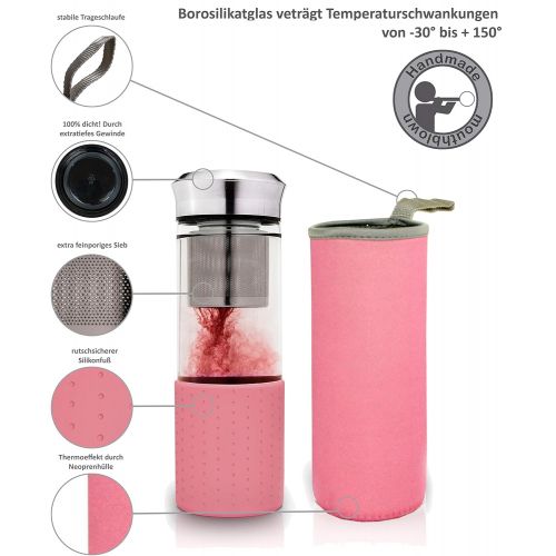  Creano TeebereiterTeamaker - Teeflasche to go aus Glas mit Sieb fuer losen Tee inkl. Neoprentasche | 400ml (Rosa)