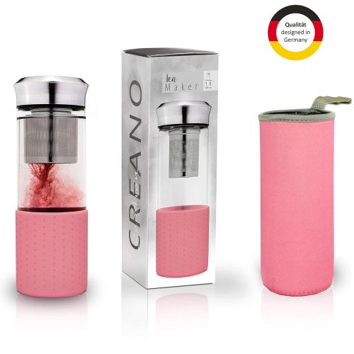  Creano TeebereiterTeamaker - Teeflasche to go aus Glas mit Sieb fuer losen Tee inkl. Neoprentasche | 400ml (Rosa)