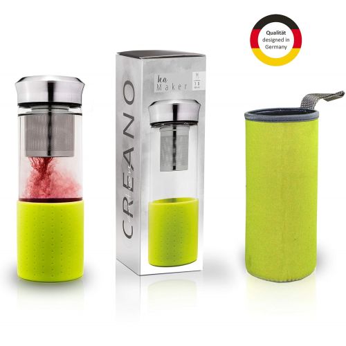  Creano TeebereiterTeamaker - Teeflasche to go aus Glas mit Sieb fuer losen Tee inkl. Neoprentasche | 400ml (Gruen)