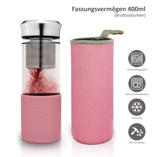  Creano TeebereiterTeamaker - Teeflasche to go aus Glas mit Sieb fuer losen Tee inkl. Neoprentasche | 400ml (Schwarz)