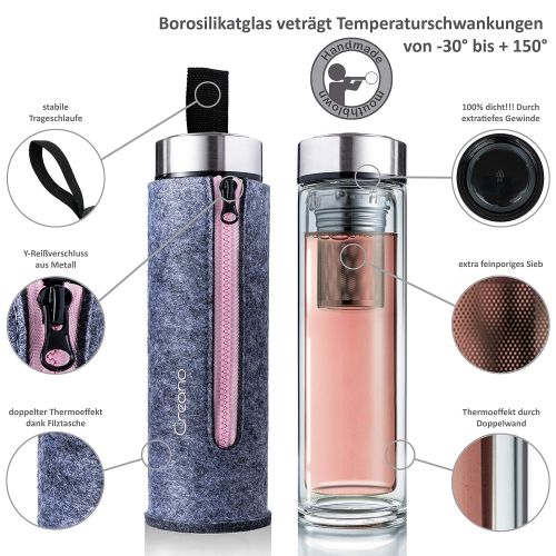  Creano exclusiver TeebereiterThermo-Teamaker 400ml aus doppelwandigem Borosilikatglas mit entnehmbarem Edelstahl Tee Sieb & -deckel in edler Filz-Tasche im hochwertigen Geschenkkar