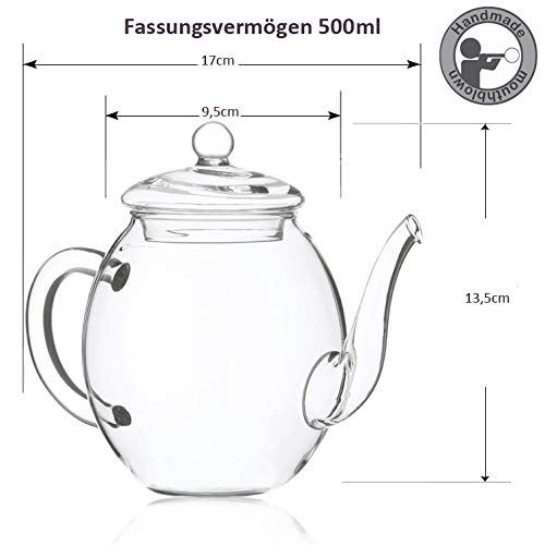  Creano Teekanne aus Glas mit Deckel fuer 500ml Tee aus Teeblumen, Teerosen und losem Tee sowie Teebeuteln | hochwertig, hitzebestandig