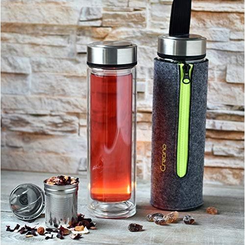  Creano exclusiver TeebereiterThermo-Teamaker 400ml aus doppelwandigem Borosilikatglas mit entnehmbarem Edelstahl Tee Sieb & -deckel in edler Filz-Tasche im hochwertigen Geschenkkar