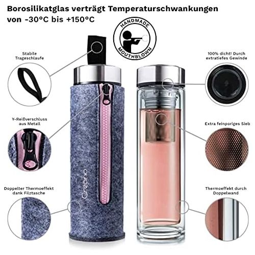  Creano exclusiver TeebereiterThermo-Teamaker 400ml aus doppelwandigem Borosilikatglas mit entnehmbarem Edelstahl Tee Sieb & -deckel in edler Filz-Tasche im hochwertigen Geschenkkar