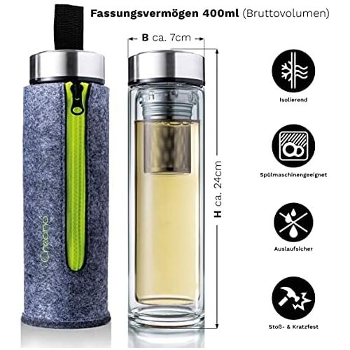  Creano exclusiver TeebereiterThermo-Teamaker 400ml aus doppelwandigem Borosilikatglas mit entnehmbarem Edelstahl Tee Sieb & -deckel in edler Filz-Tasche im hochwertigen Geschenkkar