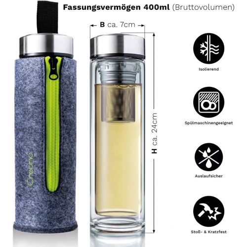  Creano exclusiver TeebereiterThermo-Teamaker 400ml aus doppelwandigem Borosilikatglas mit entnehmbarem Edelstahl Tee Sieb & -deckel in edler Filz-Tasche im hochwertigen Geschenkkar