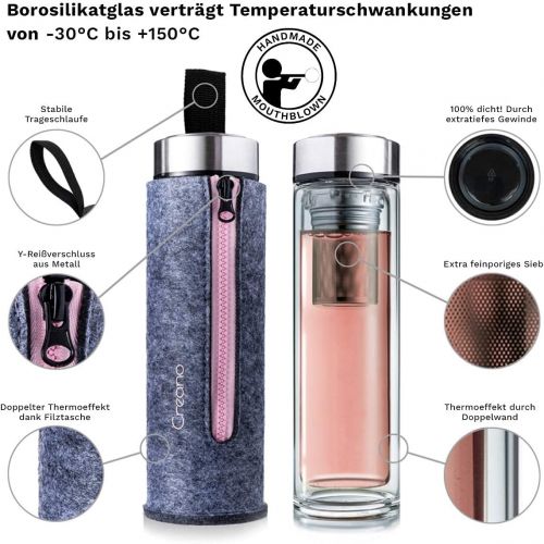  Creano exclusiver TeebereiterThermo-Teamaker 400ml aus doppelwandigem Borosilikatglas mit entnehmbarem Edelstahl Tee Sieb & -deckel in edler Filz-Tasche im hochwertigen Geschenkkar