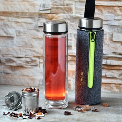  Creano exclusiver TeebereiterThermo-Teamaker 400ml aus doppelwandigem Borosilikatglas mit entnehmbarem Edelstahl Tee Sieb & -deckel in edler Filz-Tasche im hochwertigen Geschenkkar