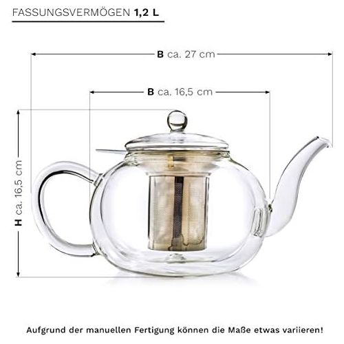  Creano doppelwandige Glas-Teekanne 1,2l mit Edelstahlfilter - tropffrei