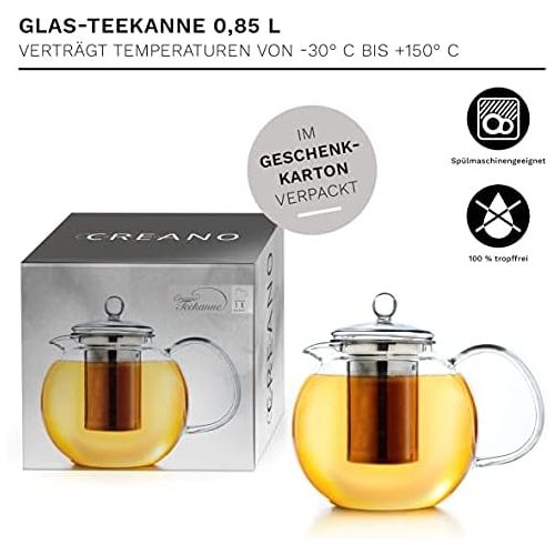  Creano Glas-Teekanne 0,85l 3-Teiliger Teebereiter mit Integriertem Edelstahl-Sieb und Glas-Deckel, Ideal zur Zubereitung von Losen Tees, tropffrei, All-in-One …