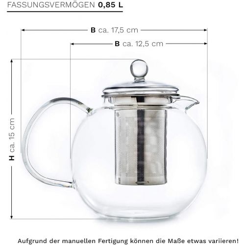  Creano Glas-Teekanne 0,85l 3-Teiliger Teebereiter mit Integriertem Edelstahl-Sieb und Glas-Deckel, Ideal zur Zubereitung von Losen Tees, tropffrei, All-in-One …