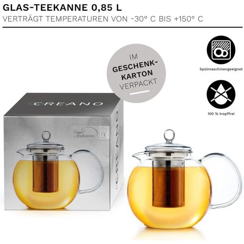  Creano Glas-Teekanne 0,85l 3-Teiliger Teebereiter mit Integriertem Edelstahl-Sieb und Glas-Deckel, Ideal zur Zubereitung von Losen Tees, tropffrei, All-in-One …