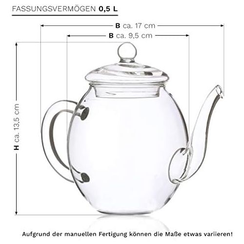  Creano Teekanne aus Glas mit Deckel fuer 500ml Tee aus Teeblumen, Teerosen und losem Tee sowie Teebeuteln | hochwertig, hitzebestandig