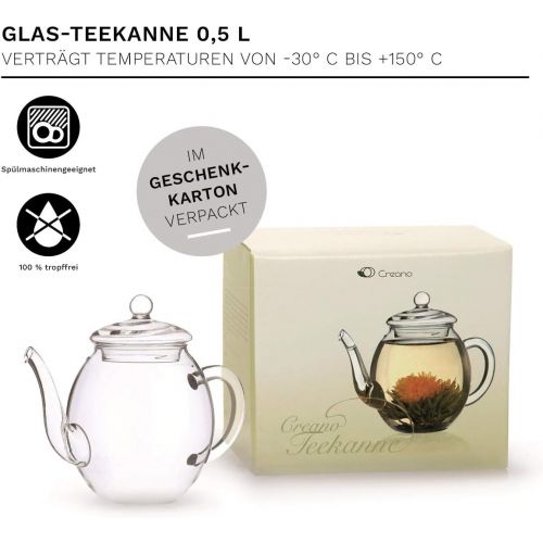  Creano Teekanne aus Glas mit Deckel fuer 500ml Tee aus Teeblumen, Teerosen und losem Tee sowie Teebeuteln | hochwertig, hitzebestandig