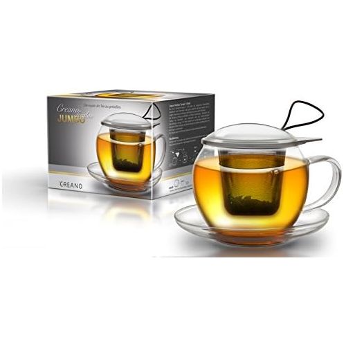  Creano Tee-Tasse aus Glas mit Henkel und integriertem Edelstahlsieb, Glas-Deckel und Untertasse  ideal zur Zubereitung von losen Tees, Set 4-teilig, in 450ml XXL Groesse