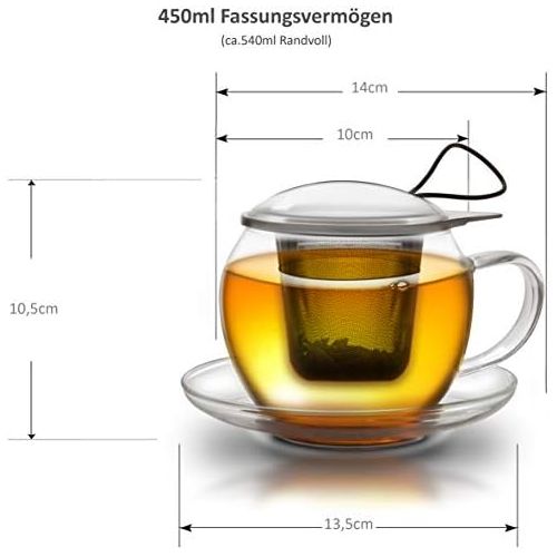  Creano Tee-Tasse aus Glas mit Henkel und integriertem Edelstahlsieb, Glas-Deckel und Untertasse  ideal zur Zubereitung von losen Tees, Set 4-teilig, in 450ml XXL Groesse