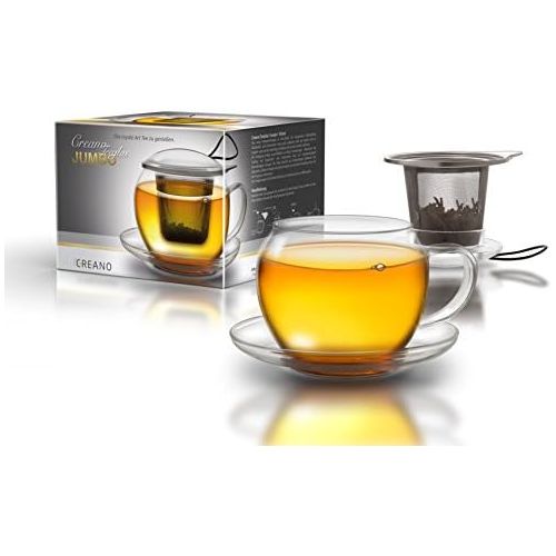  Creano Tee-Tasse aus Glas mit Henkel und integriertem Edelstahlsieb, Glas-Deckel und Untertasse  ideal zur Zubereitung von losen Tees, Set 4-teilig, in 450ml XXL Groesse