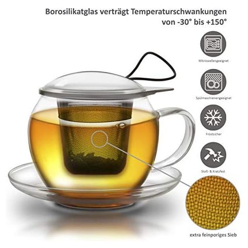  Creano Tee-Tasse aus Glas mit Henkel und integriertem Edelstahlsieb, Glas-Deckel und Untertasse  ideal zur Zubereitung von losen Tees, Set 4-teilig, in 450ml XXL Groesse