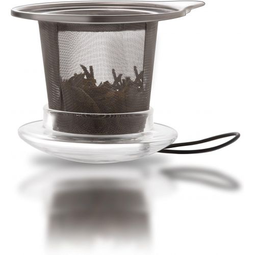  Creano Tee-Tasse aus Glas mit Henkel und integriertem Edelstahlsieb, Glas-Deckel und Untertasse  ideal zur Zubereitung von losen Tees, Set 4-teilig, in 450ml XXL Groesse