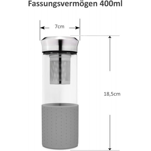  Creano TeebereiterTeamaker - Teeflasche to go aus Glas mit Sieb fuer losen Tee inkl. Neoprentasche | 400ml (Grau)