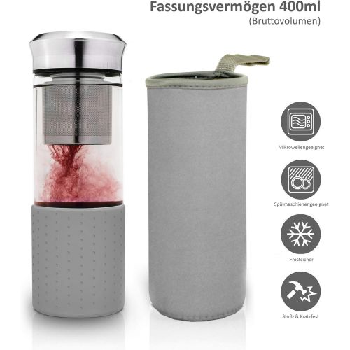  Creano TeebereiterTeamaker - Teeflasche to go aus Glas mit Sieb fuer losen Tee inkl. Neoprentasche | 400ml (Grau)