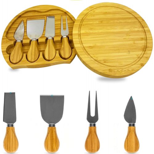  [아마존베스트]Creat Cheese Board with Cheese Tools Round Cutlery Set Bamboo Charcuterie Board Set With 4 Knives Comes with Slide Out Drawer Platter Serving Tray Durable Best Gift for Wedding Birthday