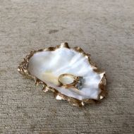 /CreatedByGenevieve White and Gold Oyster Shell Ring Dish, Ring Holder, Ring Bowl