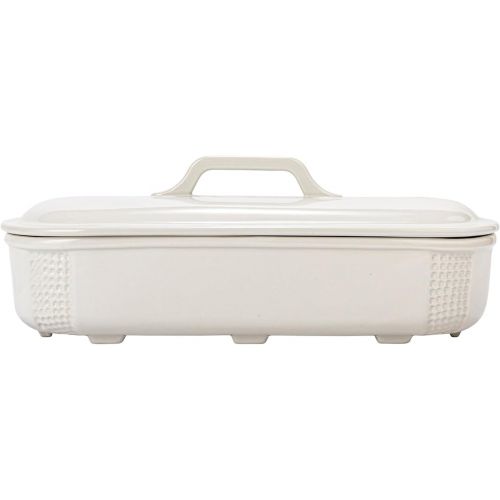  Creative Co-Op 15.5 Inches Oval 2-Quart Debossed Stoneware Baking Dish with Lid, Matte White Baker